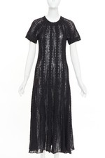 CHANEL black alpaca blend open knit crochet pointelle sleeve midi dress FR40 L