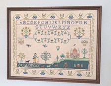 Framed Paragon Detailed Cross stitch Alphabet Sampler flowers animals 24" X 18.5