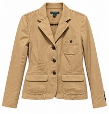 Lauren Ralph Lauren Blazer Womens L Tan Khaki 100 Cotton 3 Button Patch Pockets