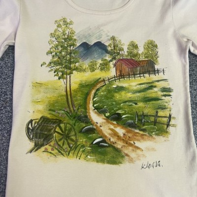 Vintage Hand Painted Road to the Barn TShirt Baby T   Wild Oats Size L