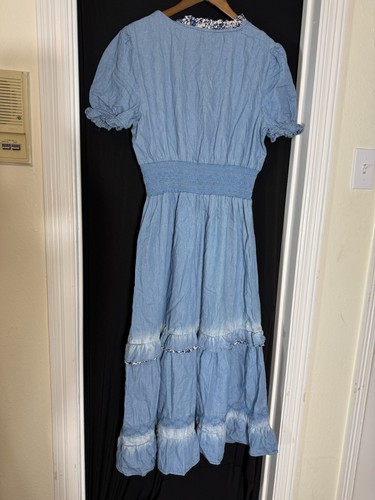 Lapis Womens L Chambray Denim Western Boho Cottage floral puff sleeve babydoll - Picture 7 of 11