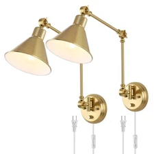 Wall Sconces Plug in, Dimmable Wall Sconces Brushed Brass Swing Arm Wall Ligh...