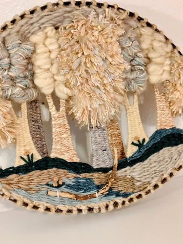 Vintage 70s Woven Fiber Art Trees Forrest Wall Hanging Sunset Hues 16.5 x 14" - Picture 2 of 11