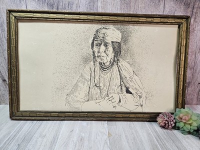 Vintage Framed Native American Portrait Print Attrib Nathan Olney Jr Yakima