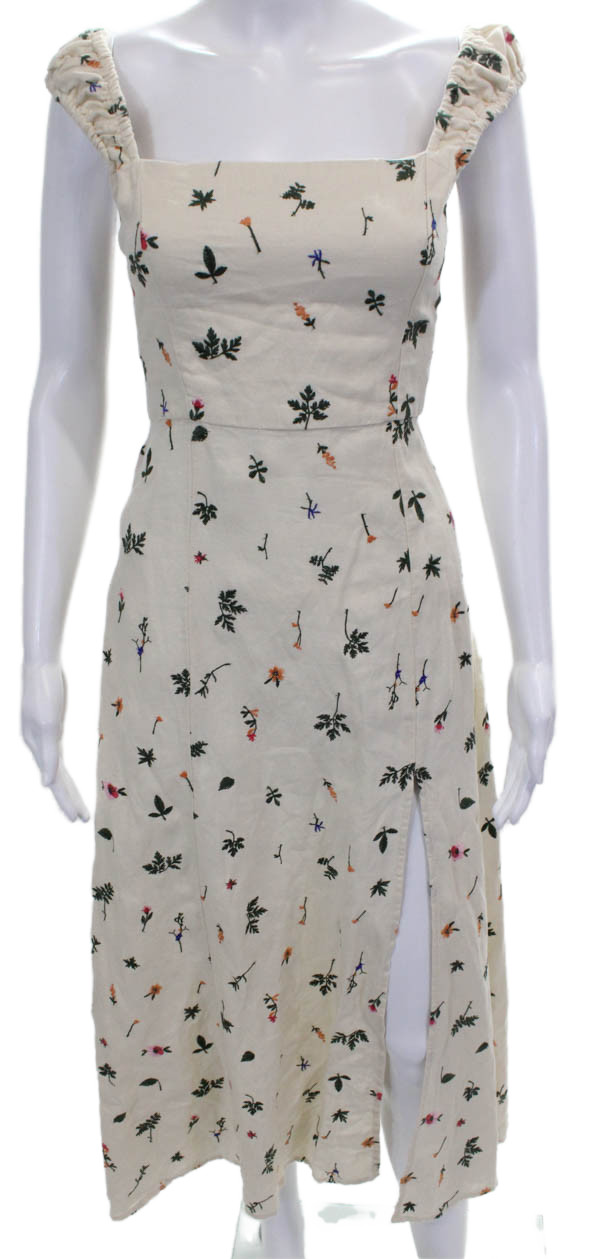 Zara Womens Sundress Ivory Linen Lace Up Square Neck Floral Maxi Size XSFree Shipping in US $100+ Orders | $6.95 Orders Below