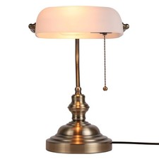 Glass Bankers Desk Lamp with Pull Chain Switch Plug in Fixture,Satin Brass Fi...