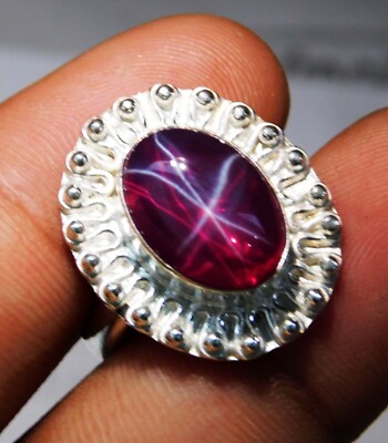 6 Rays 31.50 Ct Natural Red Star Ruby 925 Sterling Silver Ring For Men & Women