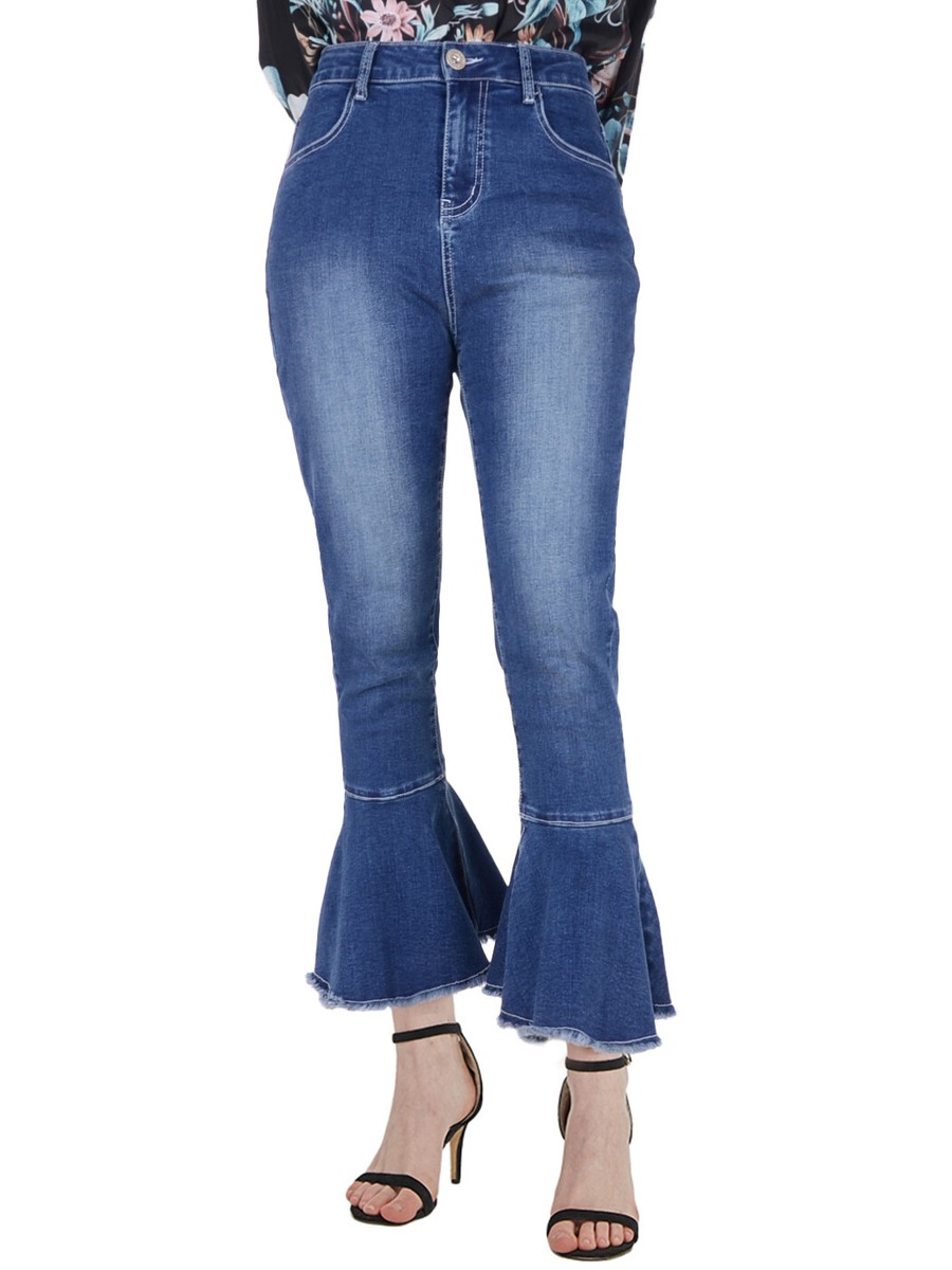 Boho Ripped Frayed Raw Ruffle Hem Denim Jeans Flared Pants