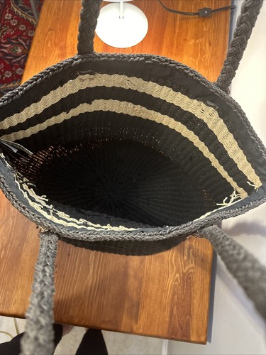 Vintage GAP Charcoal Cream Woven Paper Beach Bag Large Tote Leather Handle Straw - Picture 18 of 20