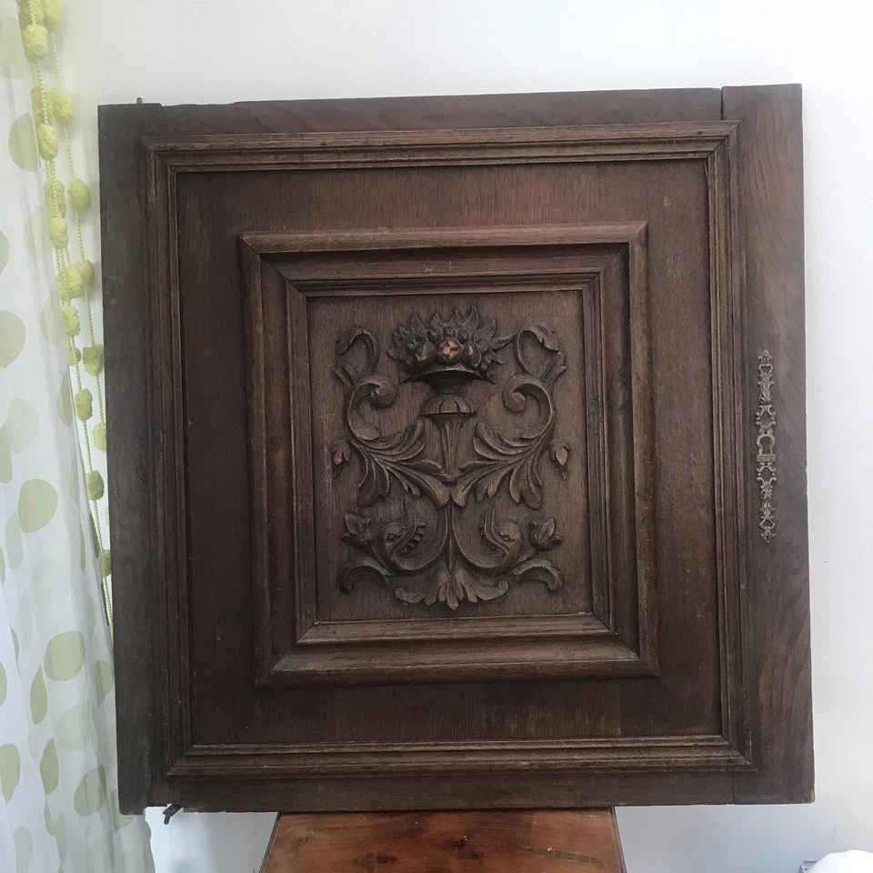 French Antique Carved Panel Door Solid Walnut Wood Urn Sea Creatures 25" x 25” - Image 3 of 4