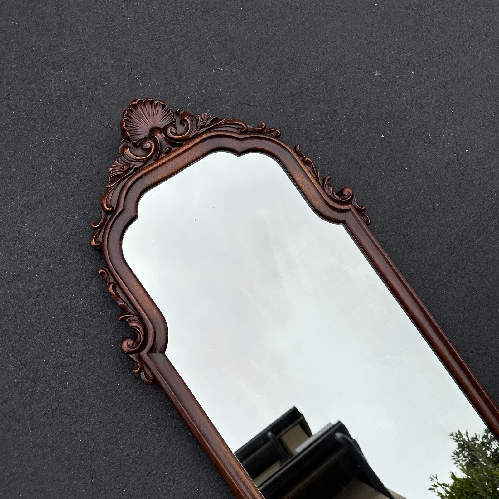 Antique Carved Wood Wall Mirror Scalloped Shell Arched Oval W. F. MFG