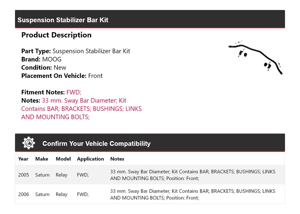 For 2005-2006 Saturn Relay FWD Suspension Stabilizer Bar Kit Front MOOG - Изображение 2 из 4