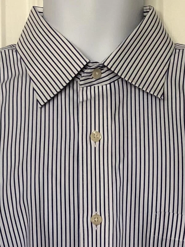 KIRKLAND USADO EN EXCELENTE ESTADO Azul Marino y Blanco Rayas Algodón Sin Hierro 161/2 35 Foto 2 de 4