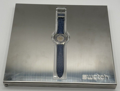 Swatch Tresor Magique SAZ101 Automatic Blue Silver Platinum Leather Mens Watch