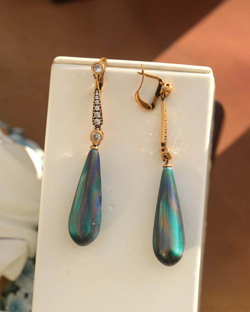 Boucles D’oreilles Dormeuses Goutte - Serti CZ Et Résine Couleurs Corail, Noir, Vert - Neuves