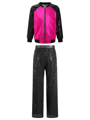 Kids Girls Dancewear Metallic Tracksuits Set Outfit Sparkling Jacket Dance 2pcs - Picture 91 of 133