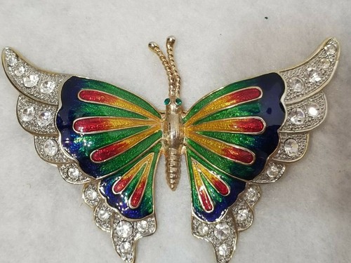 GORGEOUS ENAMEL AND RHINESTONES BUTTERFLY BROOCH 4" WIDE - Picture 3 of 9