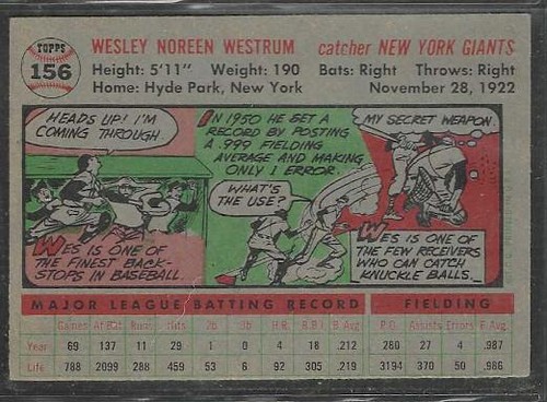 1956 TOPPS # 156 WES WESTRUM NEW YORK GIANTS GB EX/NM+ - Picture 2 of 2