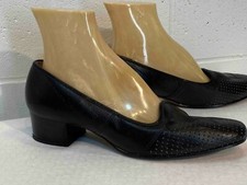 NOS Sz 9 B Vtg 70s Shoes Pumps Black Perf Toe Block Heel Leather Montgomery Ward