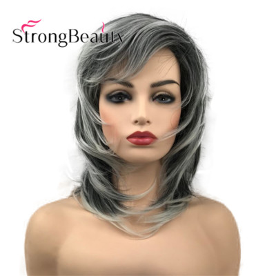 Parrucca Lunga Morbida Shag Stratificata - Nero Argento Bianco Sintetico StrongBeauty