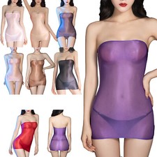 Womens See-Through Strapless Dress Glossy Stretchy Bodycon Dresses + G-string