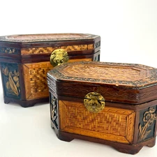 Carved Wood Decor Storage Box Pair 10x6 Brass Latch Wicker Accents Lined Vintage