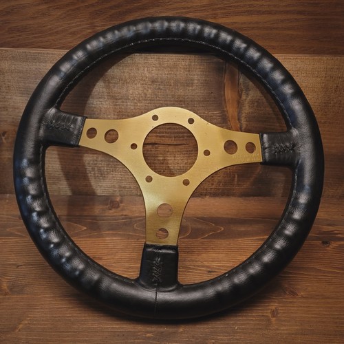 Vtg Dino Racing Steering Wheel Italy Nuova Raid Gold Tone Alloy & Black Leather - Imagen 2 de 21