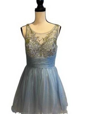 Silver Short Beaded Cocktail Fit and Flare Tulle Ruffle 18 $189