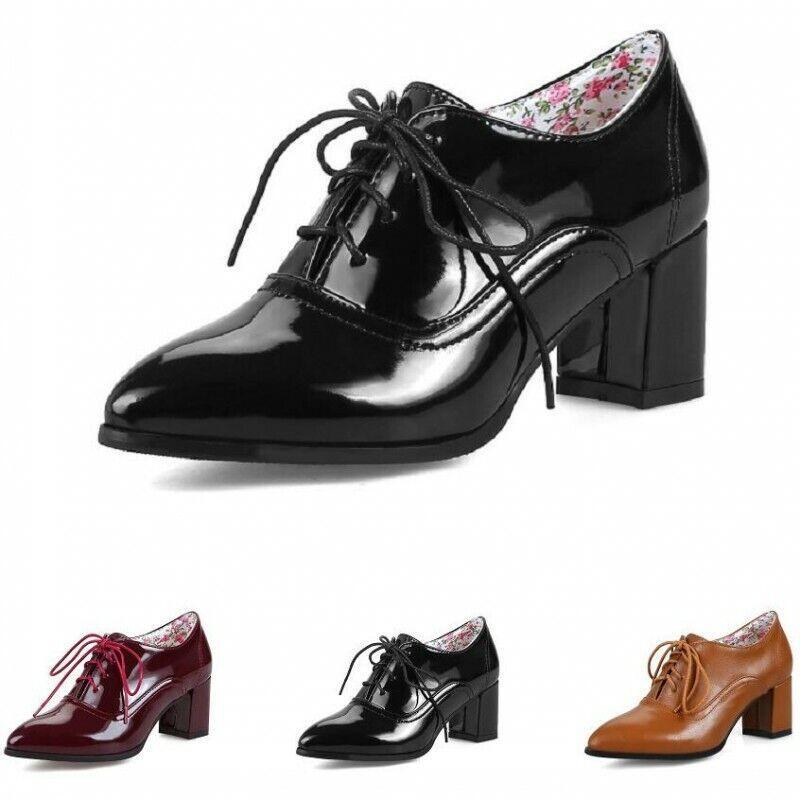 Women's Shiny Lace Up 6cm Chunky Heel Shoes Casual Pointy