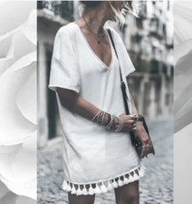 Fate boho tassel dress Large white midi length short sleeves comfy style