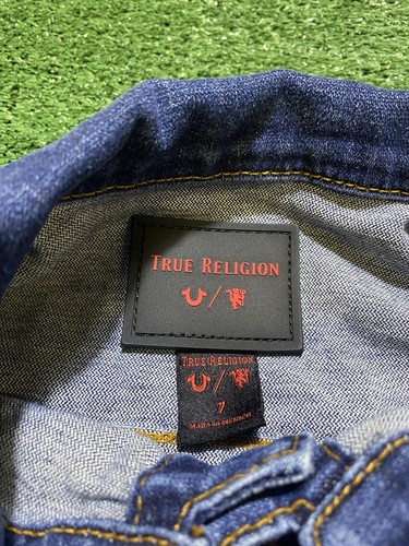 True Religion Manchester United Kids Denim Jean Jacket Embroidered Blue Red Sz 7 - Picture 6 of 6