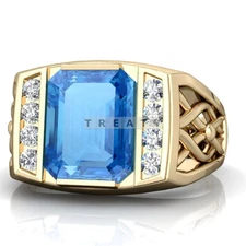 Blue Topaz Emerald Cut With 925 Sterling Silver Gold Plated Ring For Men's #28 #