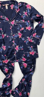 Victoria's Secret Satin Floral Pajama Set Navy Long Sleeve Collared Large