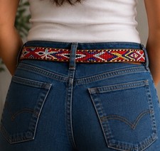 Sz XS Native American Beaded Leather Belt Thunderbird Boho 18-23 Waist VTG