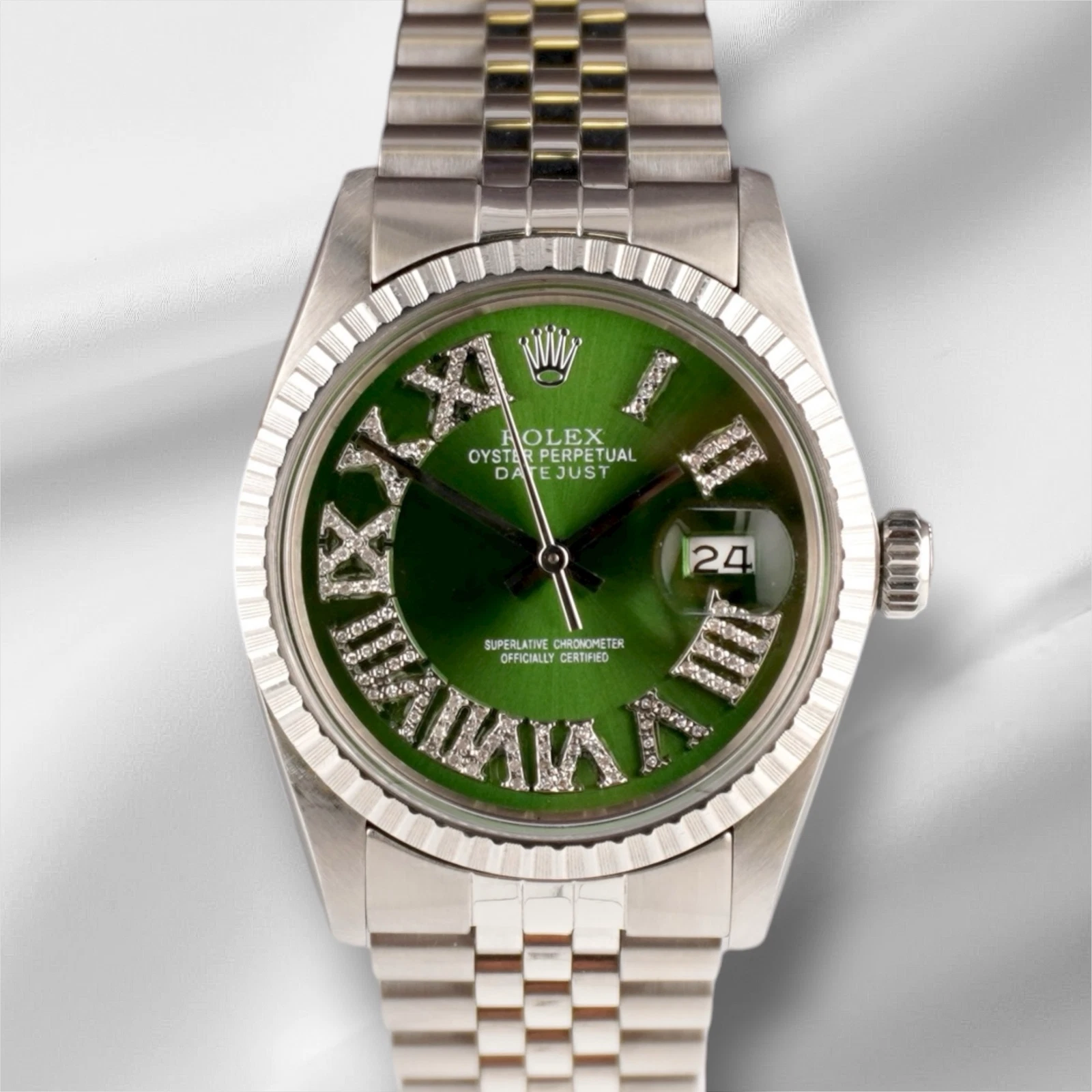 Rolex — Rolex 36mm Datejust Steel Engine-Turned Green Roman Diamond Dial Watch 16030