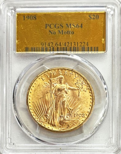 1908 NO MOTTO GOLD US $20 DOLLAR SAINT GAUDENS COIN PCGS MINT STATE 64