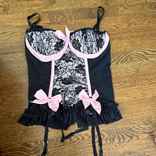 Coquette Black/Pink Lace Underwired Demi Bustier Garter Hook Eye XL 40693