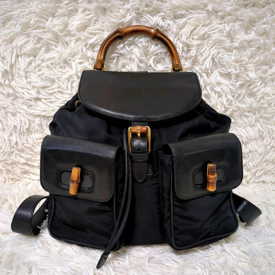 Gucci GG Bamboo Leather Nylon Black 2Way Backpack Handbag Gold Hardware MBc0895 - Image 2 of 4