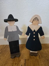 Pair Of Wooden Figures, Man And Woman Folk Art, Hand Carved,Hand Painted Fall