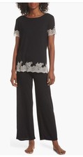 NEW 160 Natori Luxe Shangri-La Pajama Set Short Sleeve Lace Black Large