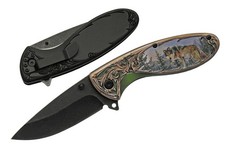 Wolf Pocket Knife Spring Assist 8" Overall 3D Wolf Design Pocket Clip Folding