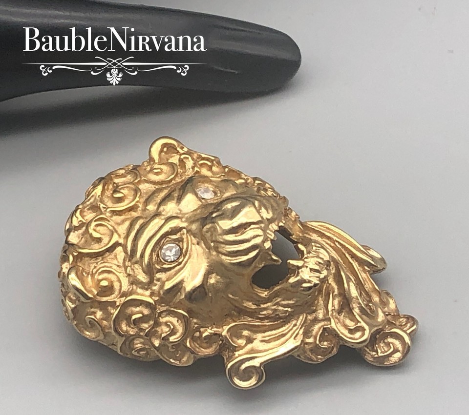 Vintage Erwin Pearl Heavy Goldtone Roaring Lion Head w/Rhinestones Pin