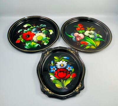 Vintage Set of 3 Russian YEHA Tole Ware Hand Painted Floral Metal Trays