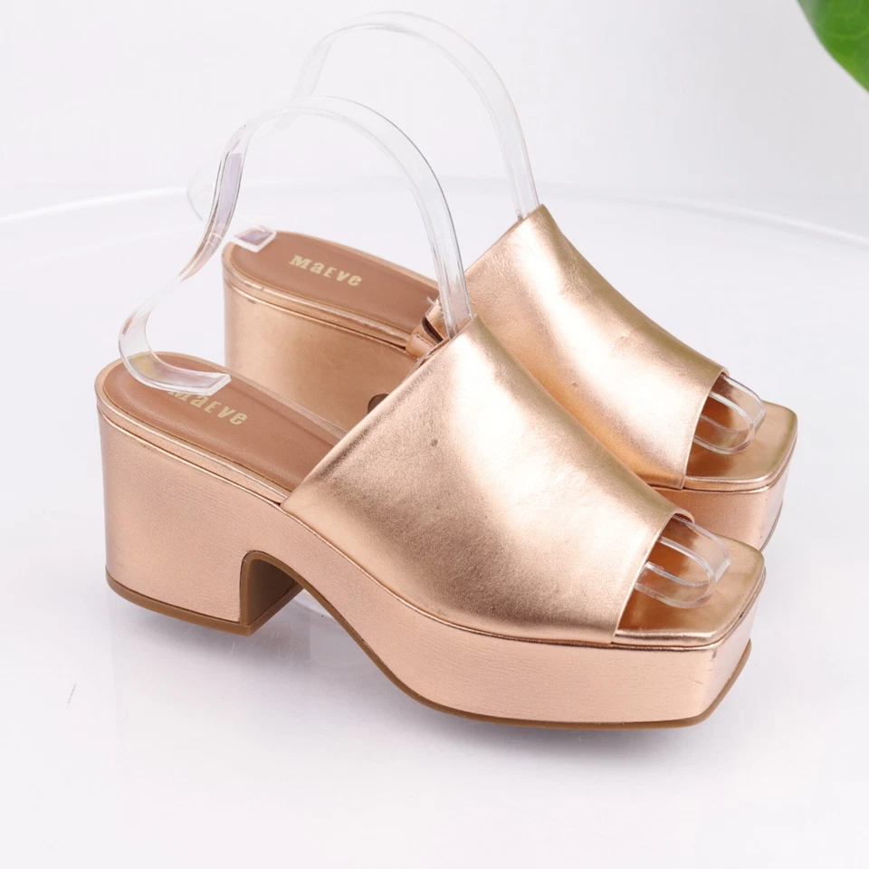 Sandalia para mujer MAEVE Anthropologie talla 37 6 plataforma tacón mula oro rosa tobogán Foto 2 de 4