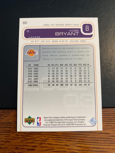 2002-03 UPPER DECK #66 KOBE BRYANT! MINT! $1 SHIPPING! - Picture 2 of 2