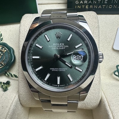 NEW 2023 ROLEX DATEJUST 126300 41MM MINT GREEN STAINLESS OYSTER SMOOTH BEZEL B&P