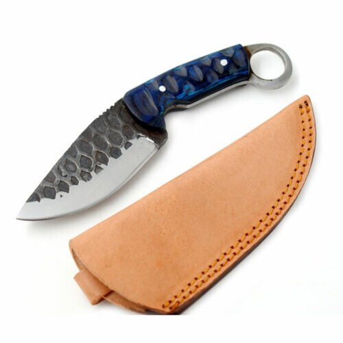 Cuchillo de acero al carbono 1075 carambito mango de madera azul con funda de cuero - Imagen 1 de 5