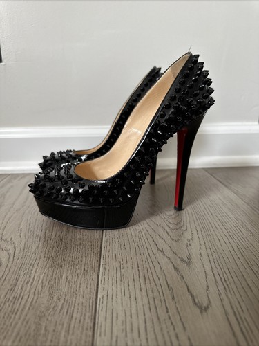 CHRISTIAN LOUBOUTIN BIANCA 140мм BLACK PATENT LEATHER SPIKED SEXY PUMPS SZ 37