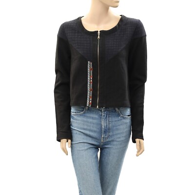 268587 Ecote Urban Outfitters Quilted Cropped Black Jacket Top Embroidered S NEW