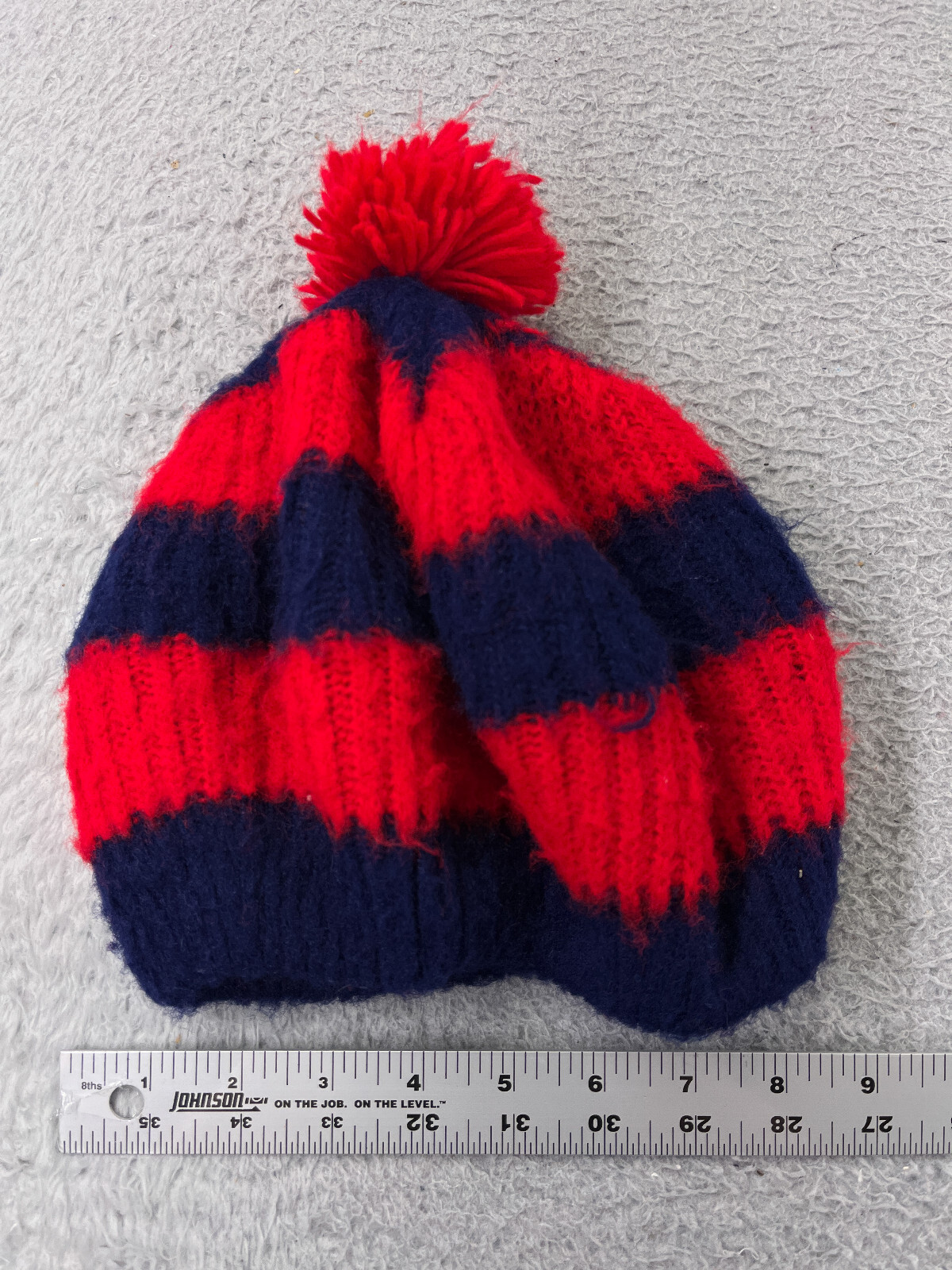 Red Blue Stripe Knit Fleece Beanie Toque for Adults Lightweight Snow Ski Pom-image